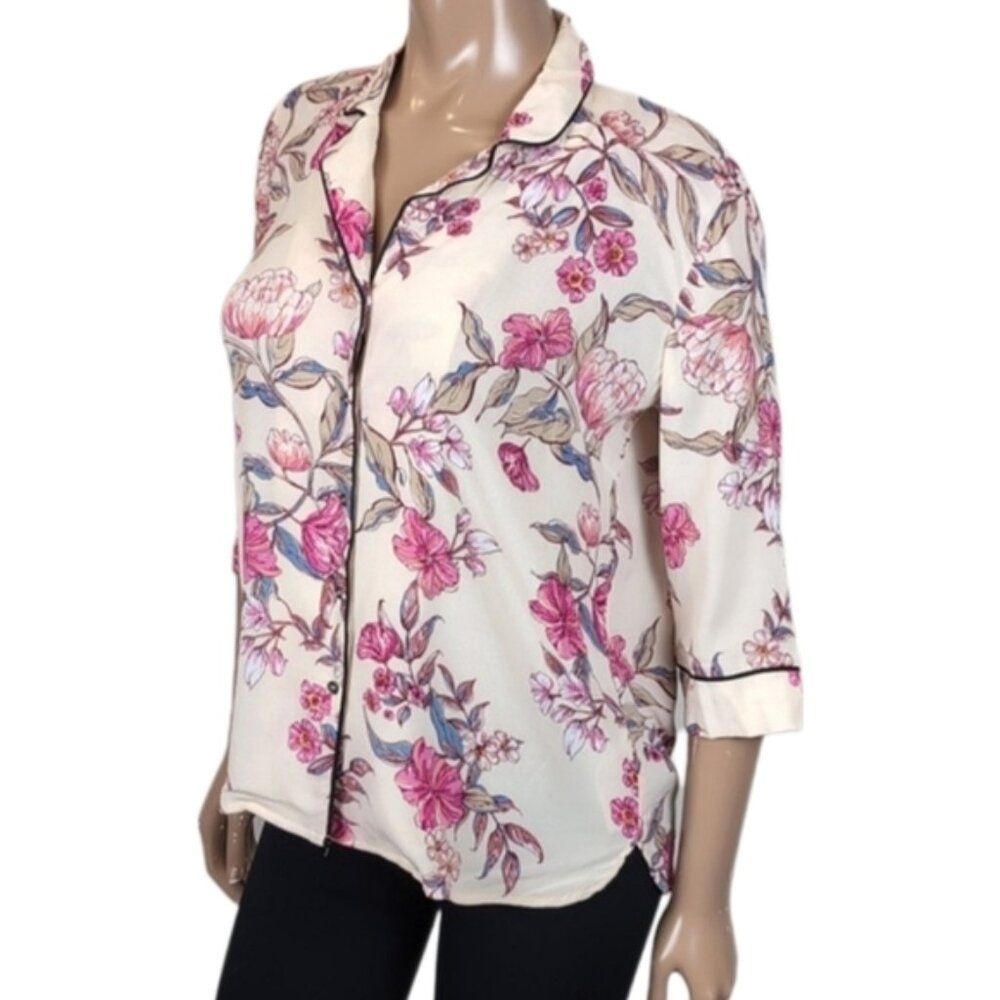 B.Young Crepe Pajama Shirt Floral Print Buttoned Collared PJs Sleep Top